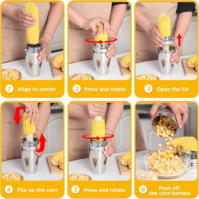 YYP Corn Cutter Peeler, Corn Cob Stripper with Cup [No Splatters or Mess], 304 Stainless Steel Corn on the Cob Remover Kitchen Tool, Corn Kernel Shucker Separator Slicer with Serrated Sharp Blade