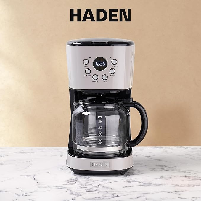 HADEN 12-Cup Programmable Coffee Maker for Home or Office, Putty & Chrome – Drip Brewer Machine with Brew Strength, Delay Brewing, Auto Shut-Off and Reusable Washable Water Filter