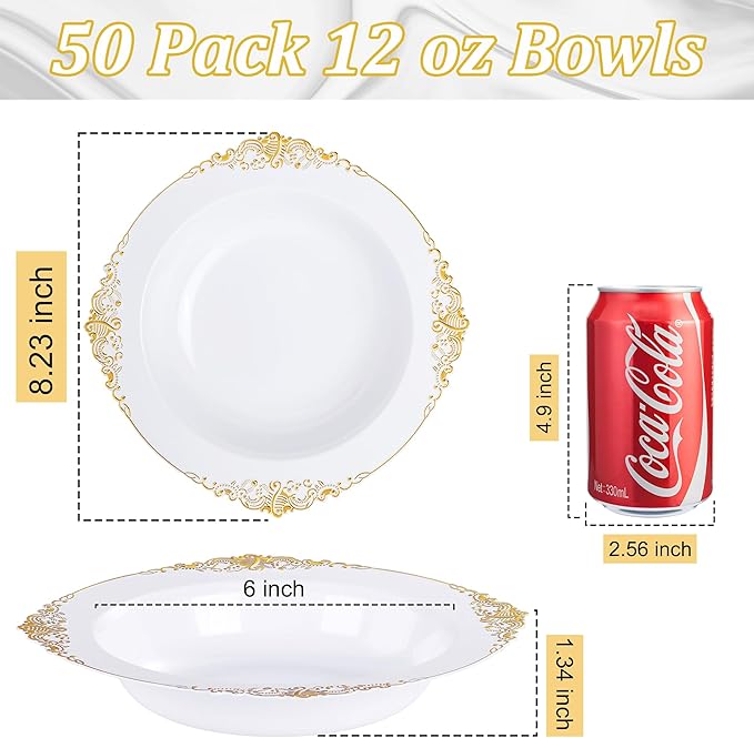 Nervure 50PCS White Plastic Bowls with Gold Rim - 12oz Disposable Soup Bowl
