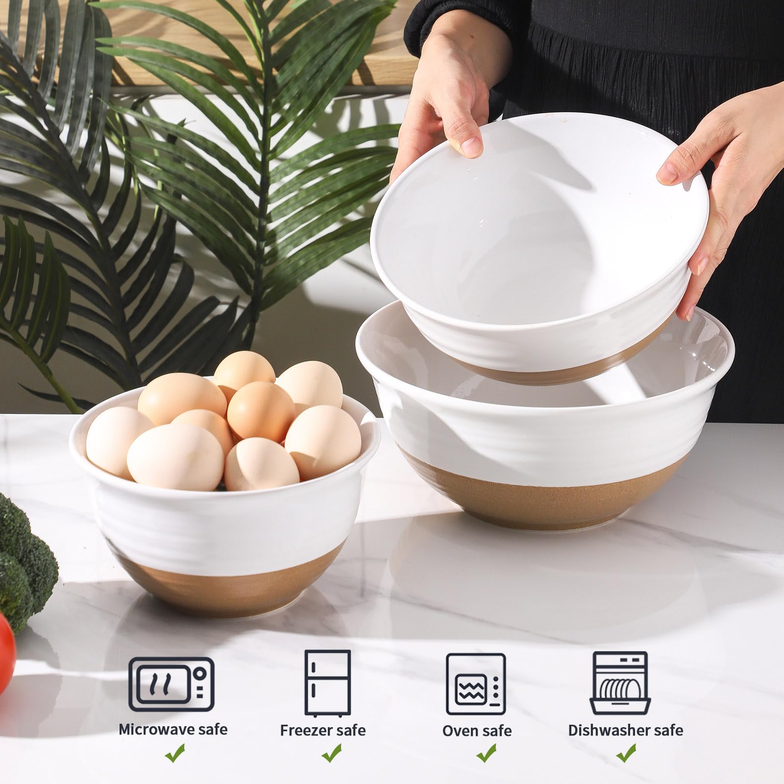 HASENSE Mixing Bowls, Large Ceramic Salad Bowls 2.1/1.5/1.0 Qt, Versatile Serving Bowls for Cooking, Baking, Salad Mixing, Prepping, Nesting White Bowl Set, Dishwasher Safe, Set of 3