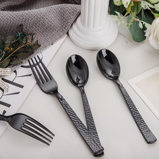 KIRE 400PCS Black Spoons and Forks Set - Black Plastic Silverware for Party