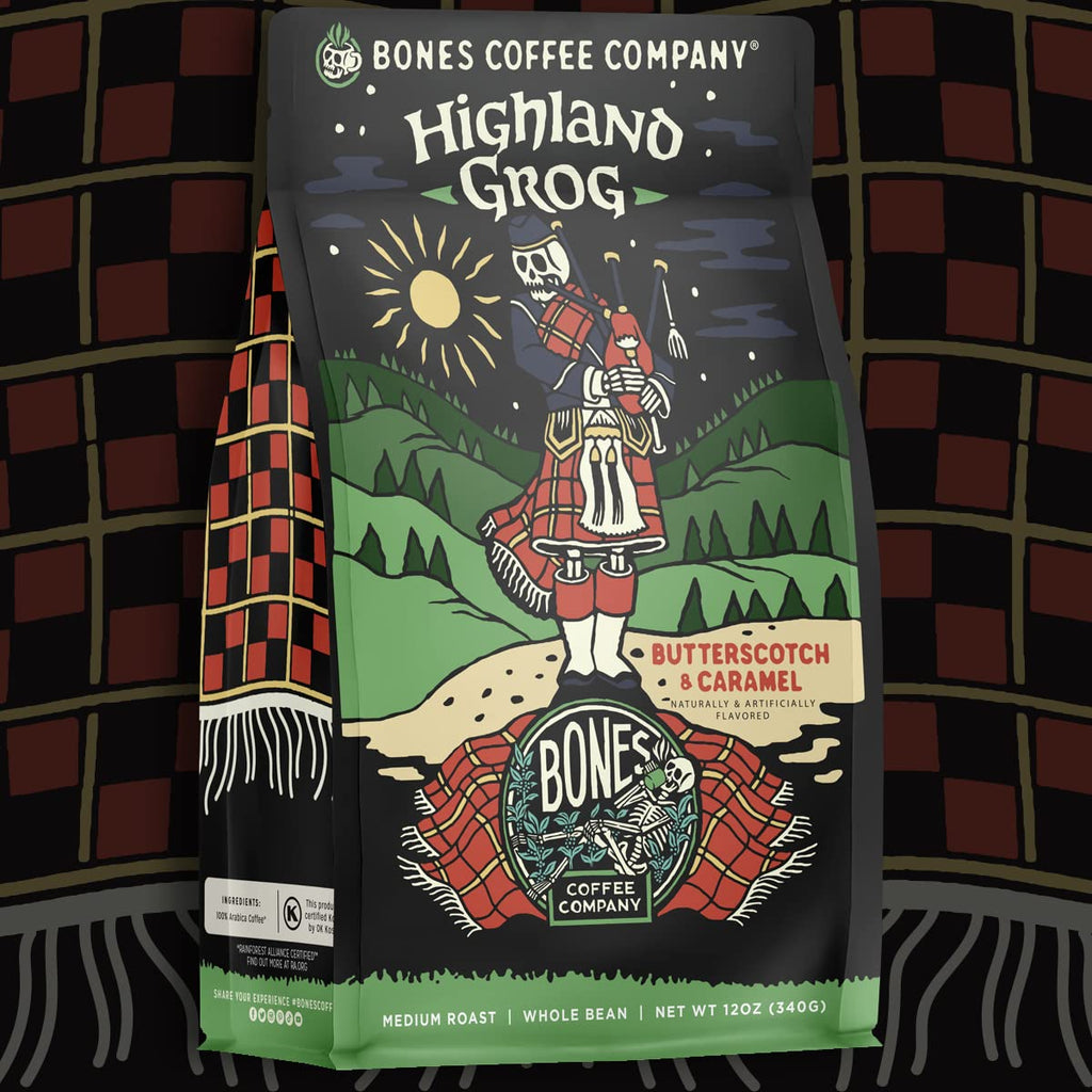 Bones Coffee Company Highland Grog, Butterscotch Caramel Flavored Coffee, Medium Roast Low Acid Arabica Beans Compatible with Auto drip and French Press Coffee Maker, 12 Oz Ground