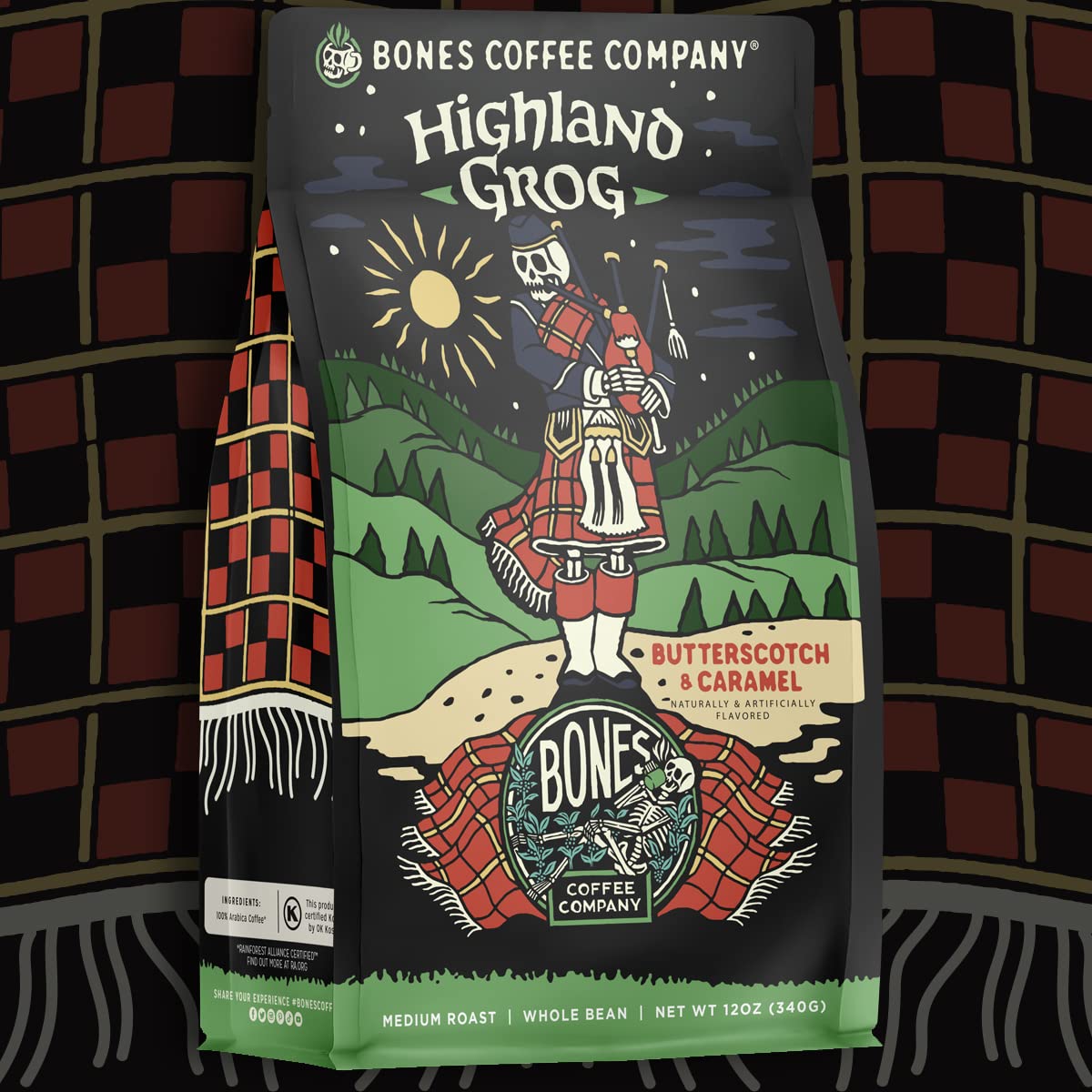 Bones Coffee Company Highland Grog, Butterscotch Caramel Flavored Coffee, Medium Roast Low Acid Arabica Beans Compatible with Auto drip and French Press Coffee Maker, 12 Oz Ground