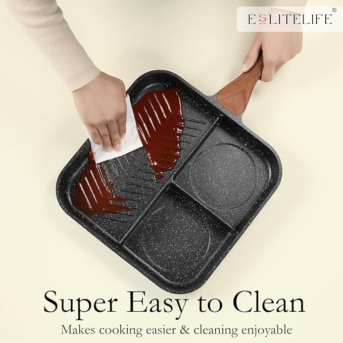 ESLITE LIFE Nonstick Divided Grill Pan with Lid & Tongs for Stove Tops, 11 Inch Versatile 3-In-1 Breakfast Pan, Square Big Grilling Steak Pan for Indoor & Outdoor Cooking, PTFE & PFOA Free, Black