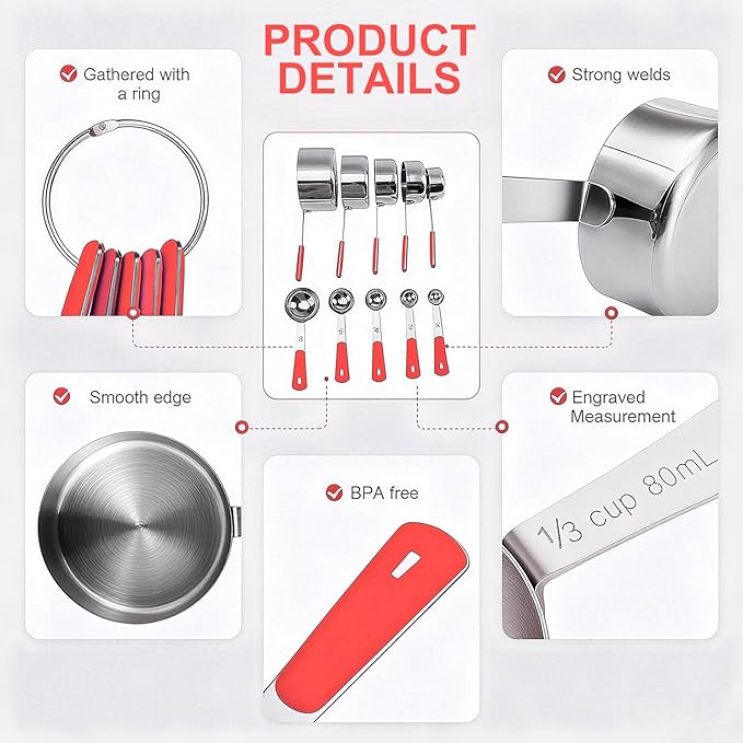 Bopei Measuring Cups and Spoons Set Stainless Steel 10 Piece for Cooking and Baking (5 Cups + 5 Spoons, Red Handle)