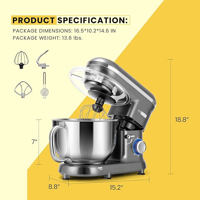 VIVOHOME Stand Mixer, 6-Quart Tilt-Head Kitchen Mixer with Bowl, Gray