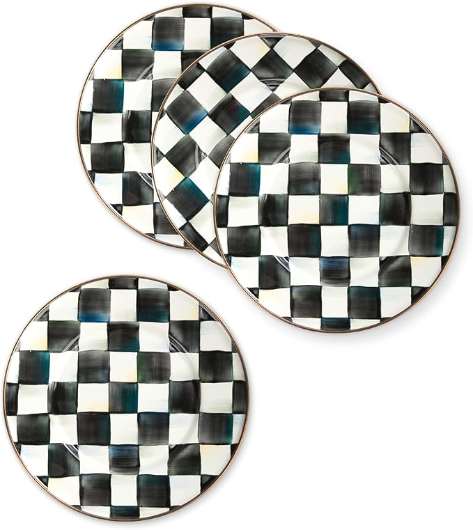 MACKENZIE-CHILDS Enamel Dessert Plate Set, Black-and-White Courtly Check