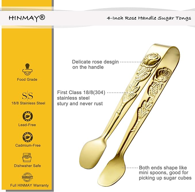 HINMAY 6PCS Mini Serving Tongs 4 Inches Small Rose Sugar Cube Tongs (Gold)