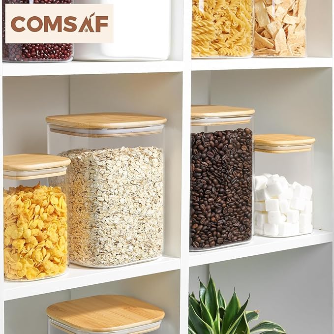 ComSaf Glass Storage Jars with Bamboo Lids 3.6 Qt Large Pantry Square