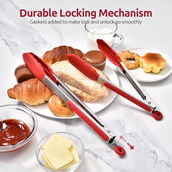 U-Taste Kitchen Tongs for Cooking, 600ºF Heat-Resistant Silicone, 2Pcs/Red