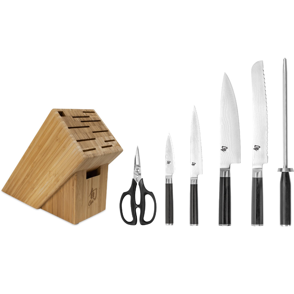 Shun Classic 7 Piece Essential Block Set, Includes 8" Chef, 3.5" Paring, 6" Utility, 9" Bread Knives & Herb Shears, Handcrafted Japanese Knife Block Set, Pakkawood Handles