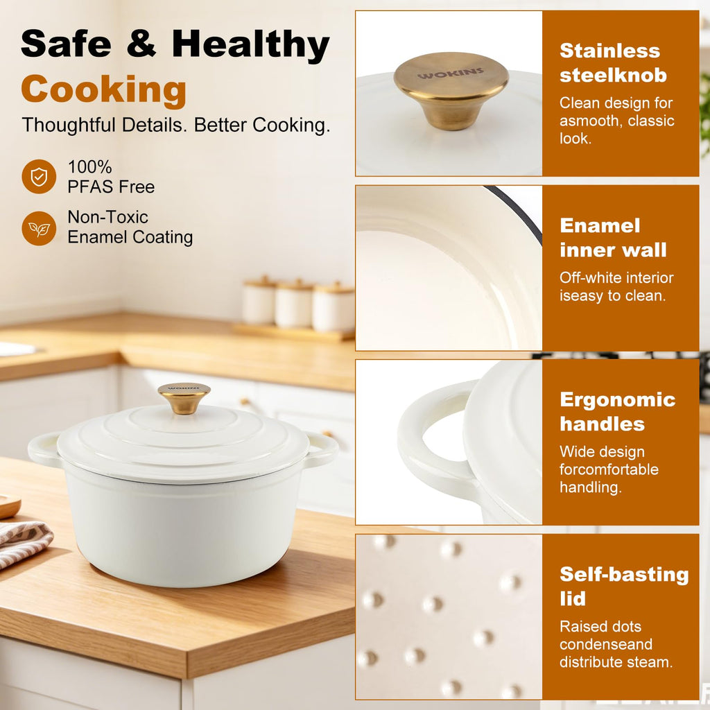 WOKINS 4-QT Enameled Cast Iron Round Dutch Oven With Lid,Oven safe,Cream