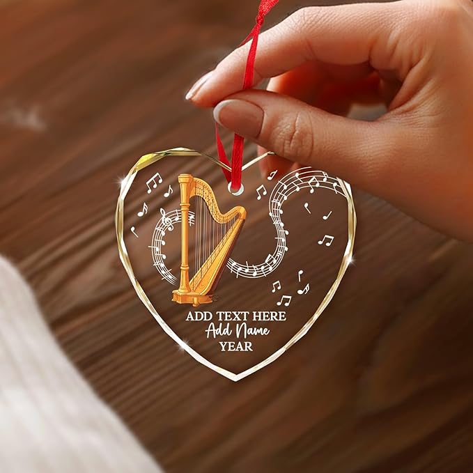 Personalized Text Name Year Harpist Christmas Ornament, Customized Harp Music Instrument Glass Ornaments, 2026 Xmas Ornament Gift for Teacher Student Harp Player, Musician Xmas Decorations