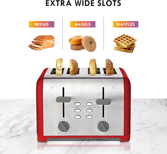 Slice Toaster, Red Stainless Steel, Dual Controls, Extra Wide Slots, Bagel and Defrost Functions, 9 Browning Levels, Removable Crumb Trays, for Bread, Toast, English Muffin, Toaster Strudel