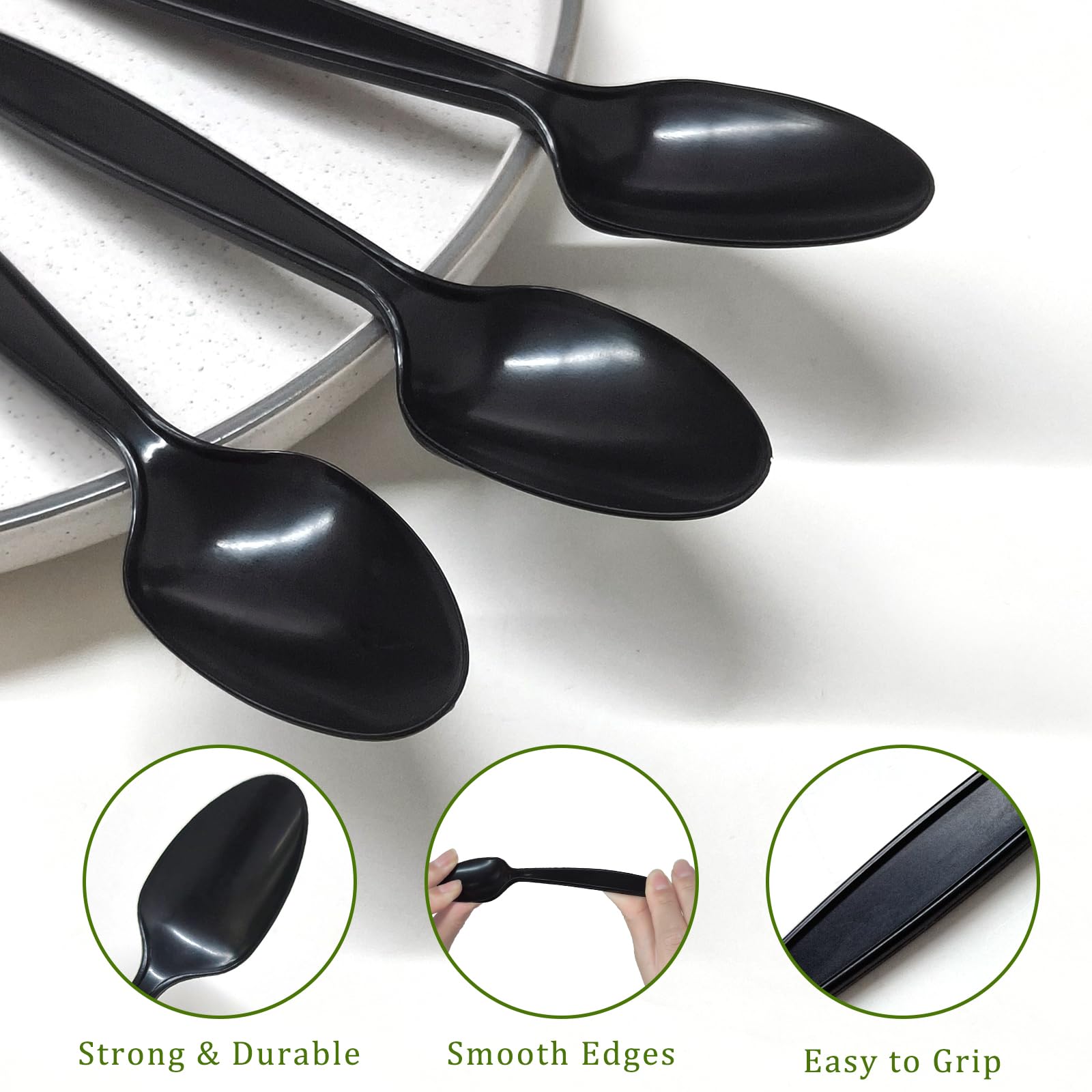 100% Compostable Spoons, 300 Disposable Spoons, Black No Plastic Spoons, BPA-Free Heavy Duty Disposable Utensils, Ecofriendly Compostable Cutlery for Party Wedding Picnic