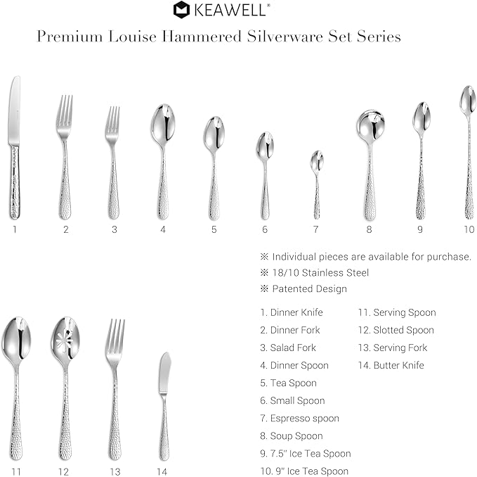 KEAWELL Premium Louise Hammered 4-Piece Teaspoon Set (6.4" Teaspoons)
