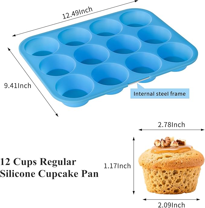 Bangp Silicone Muffin Pan for Baking with Steel-reinforced Rim,2 Pack,Blue