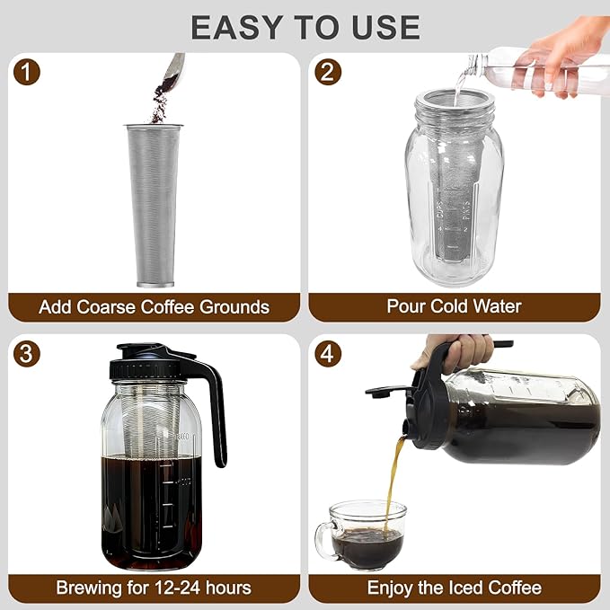 Cold Brew Coffee Maker, 64oz Glass Mason Jar Pitcher with Lid, Filter & Mat