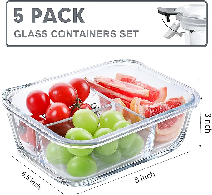 VERONES 5 PACK 36 OZ Glass Food Storage Containers 3 Compartment Set, Grey