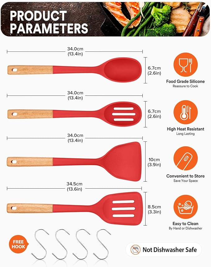Badiano Silicone Cooking Utensils Set, Safe for Nonstick Cookwares, Red