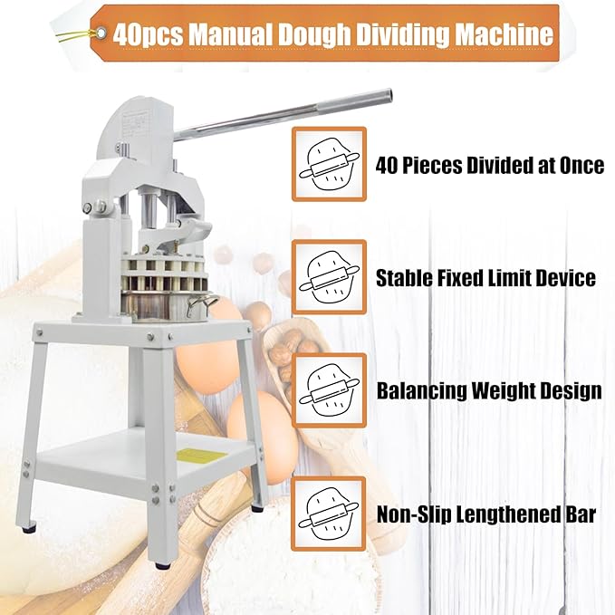 Yokoma Commercial 40pcs Dough Divider Manual 40PCS Dough Divider Manual Doughs Dividing Cutting Machine with 2 Stainless Steel Basin for Commercial Baking Needs, 0.95-4.41oz(27-125g) Range