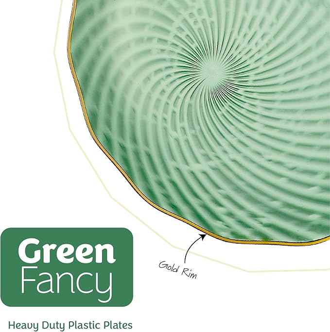 PLASTICPRO 30 Pack Plastic Plate Set of 15-10 inch Plates and 15-7 inch Plates, Elegant Clear Green Spiral and Gold Rim Disposable Fancy Plate Premium Heavyweight