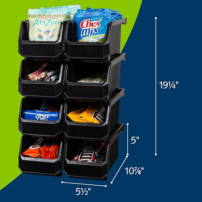 ReadySpace Medium Stackable Plastic Storage Bins, 8-Pack, Black