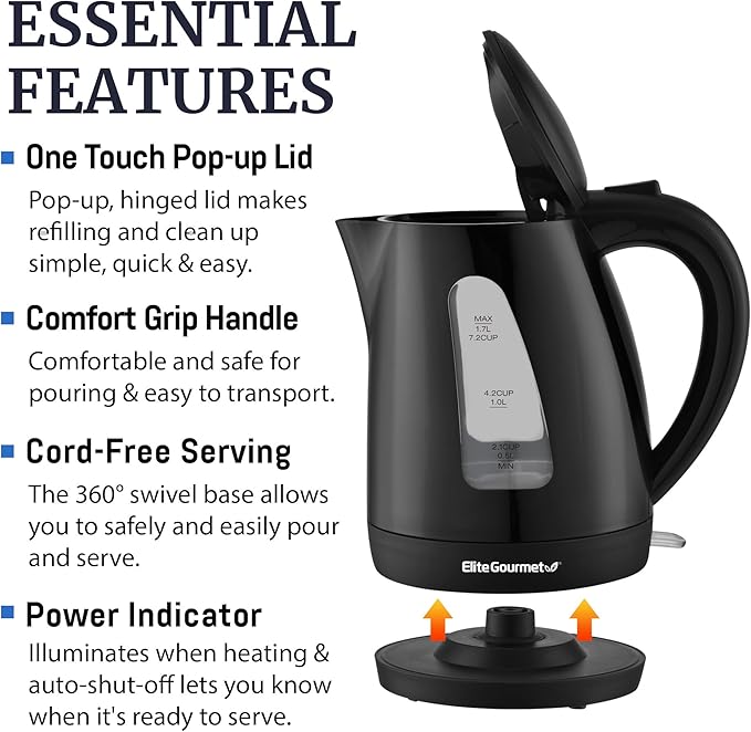 Elite Gourmet EKT8690X 1.7L Tea Kettle, 1500W BPA-Free Fast Boil, Black