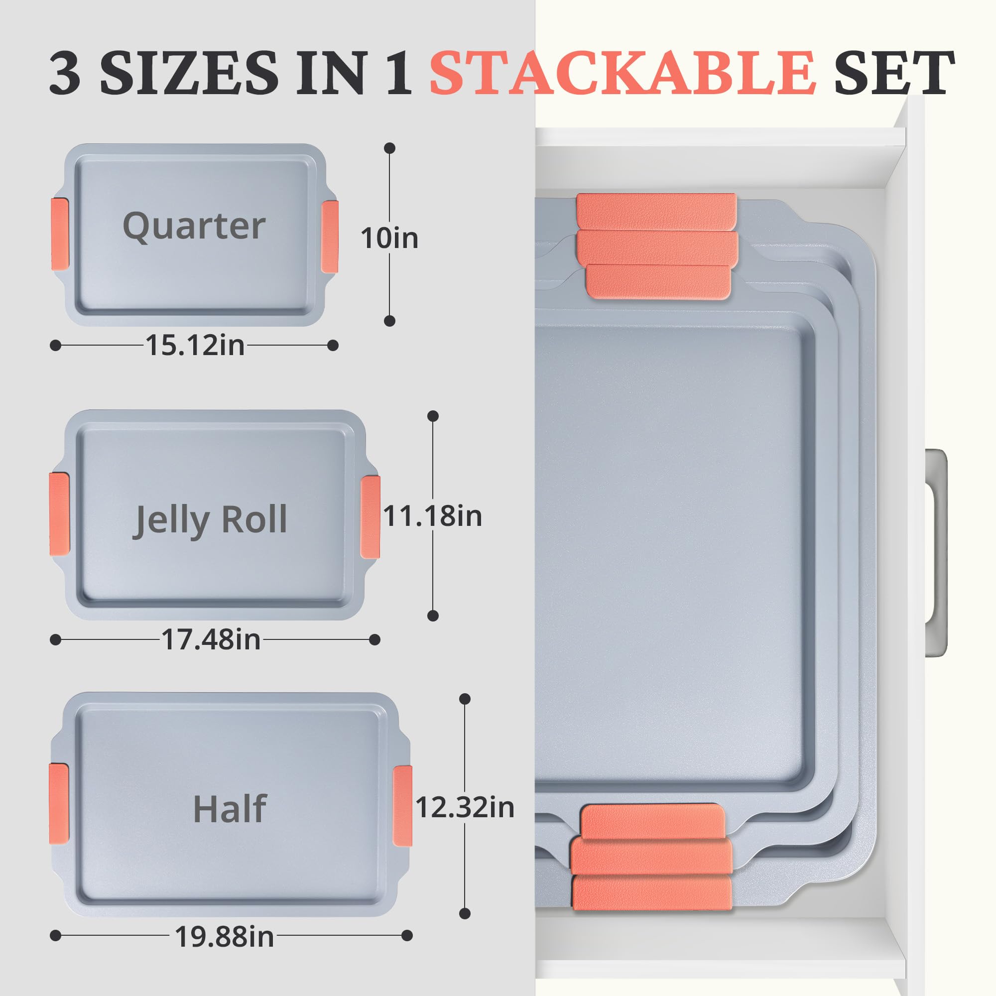 BRONYPRO Non Stick Ceramic Baking Sheet Pan Set of 3, Natural Non Toxic Cookie Sheets for Baking - PFOA, PTFE Free, Heavy Duty Aluminized Steel Oven Trays for Cooking with Silicone Handles, Coral