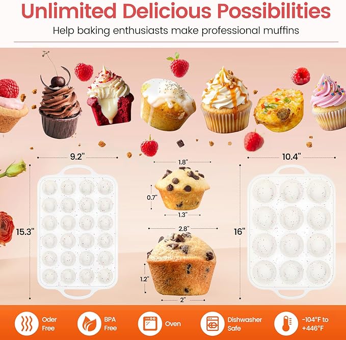 Fimary Silicone Muffin Pan with Metal Reinforced Frame - 12 Cups Muffin Pan With 24 Cups for Homemade Muffins, Cupcakes, Oven and Dishwasher Safe - Set of 2, Rainbow Dots