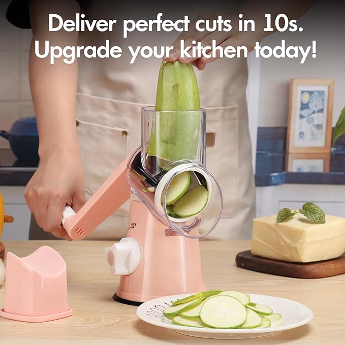 Ancevsk Rotary Cheese Grater with Handle, Round Mandoline Speed Kitchen Slicer, 3 in 1 Multifunctional Vegetable Shredder Manual Nut Grinder for Nuts, Potato, Carrot, Cucumber (Pink)