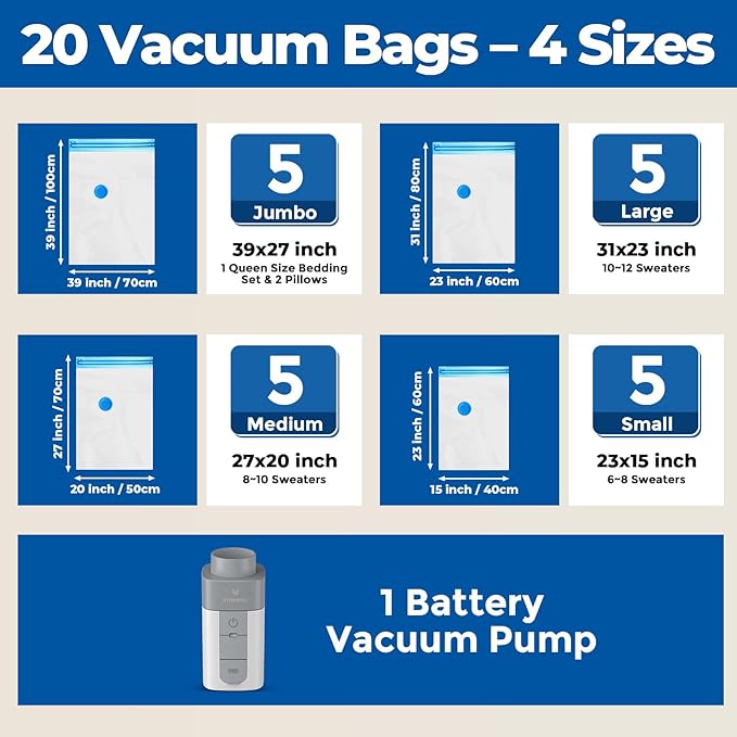 ETENWOLF 20 Combo Vacuum Storage Bags for Travel with Wireless Pump