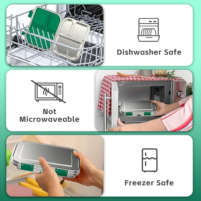 BOSEDSANG Stainless Steel Kids Leak-Resistant Bento Lunch Box, 3-Compartments with Silicone Container, Dishwasher-Safe, Child-Friendly Design for School, Picnics & Travel,BPA-Free (Green)