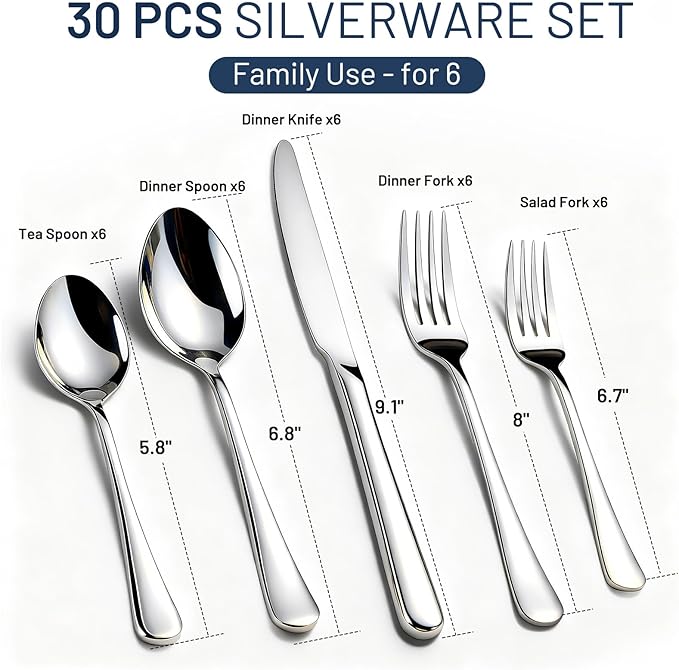 30 Pack Silverware Set for 6, KIKCOIN Food-Grade Stainless Steel Flatware Set, Heavy Duty Mirror Polished Cutlery Utensils Set with Knives Spoons and Forks Set for Home Kitchen Restaurant Wedding