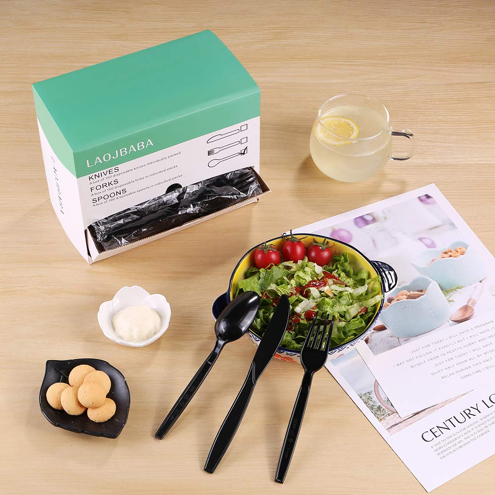 Laojbaba Plastic Spoons Disposable Individually Packaged Spoons Black 7-Inch Commercial Take Away,Super Hard Mass Heavy Individually Wrapped 100 PCS