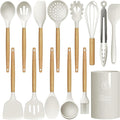 oannao Silicone Cooking Utensils Set - 446°F Heat Resistant Silicone Kitchen Utensils for Cooking,Kitchen Utensil Spatula Set w Wooden Handles and Holder for Non-Stick Cookware (Cream White)