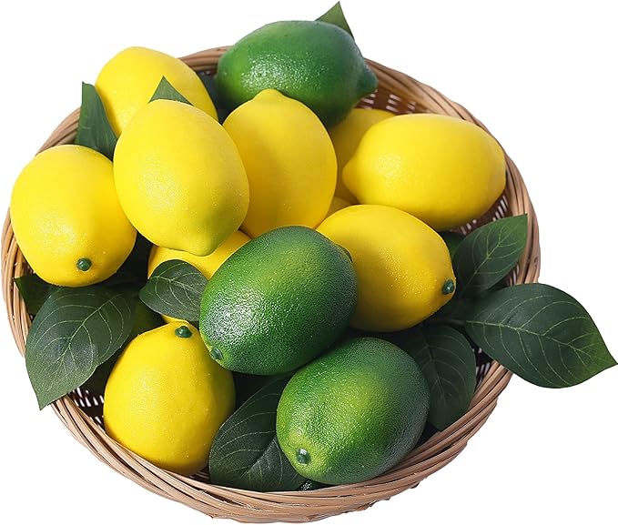 VEOAY Fake Fruit Artificial Lemons 24 Pcs, Faux Lemon Leaves 12 Pcs Lifelike Fake Lemon Decor for Kitchen Table Cabinet Party Plastic Fruits Photography Prop