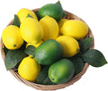 VEOAY Fake Fruit Artificial Lemons 24 Pcs, Faux Lemon Leaves 12 Pcs Lifelike Fake Lemon Decor for Kitchen Table Cabinet Party Plastic Fruits Photography Prop
