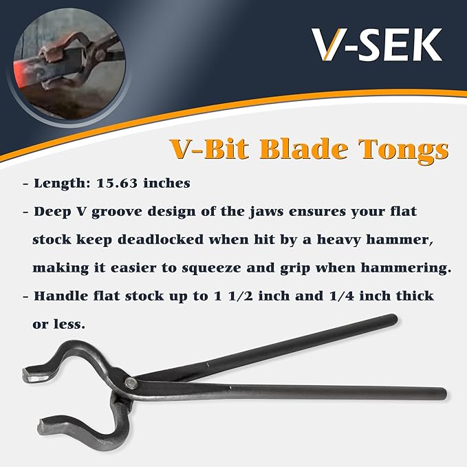 V-SEK Blacksmith Tongs Set - V-Bit, Blade, Flat, Steel Forge Tongs (3PCS)