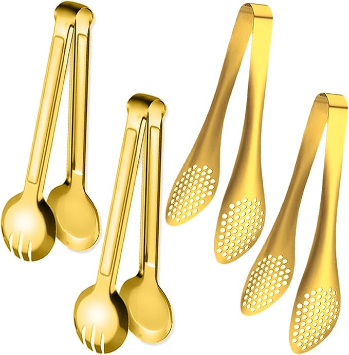 IAXSEE 4 PCS Serving Tongs 9 Inch Buffet Tongs Stainless Steel Serving Utensils for Salad Buffet Appetizer Dessert Food Parties, Gold