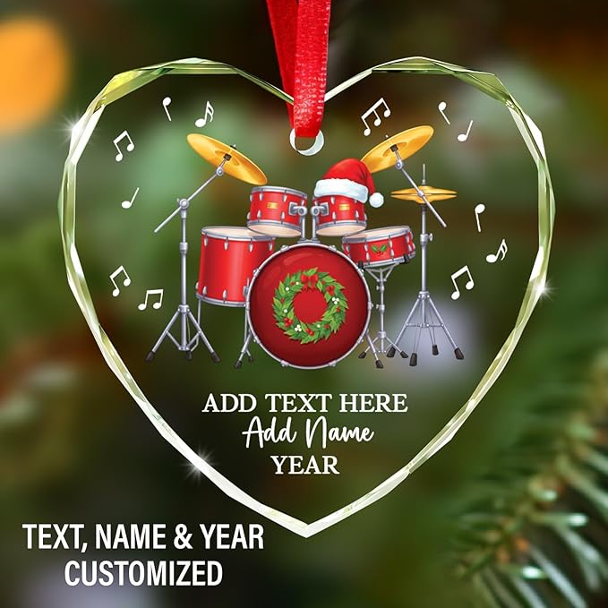 Personalized Drum Set Christmas Glass Ornaments 2026, Drum Xmas Ornament with Custom Text Name & Year, Drummer Christmas Tree Ornament for Men Women, Decoration Gift for Drummer Band Music