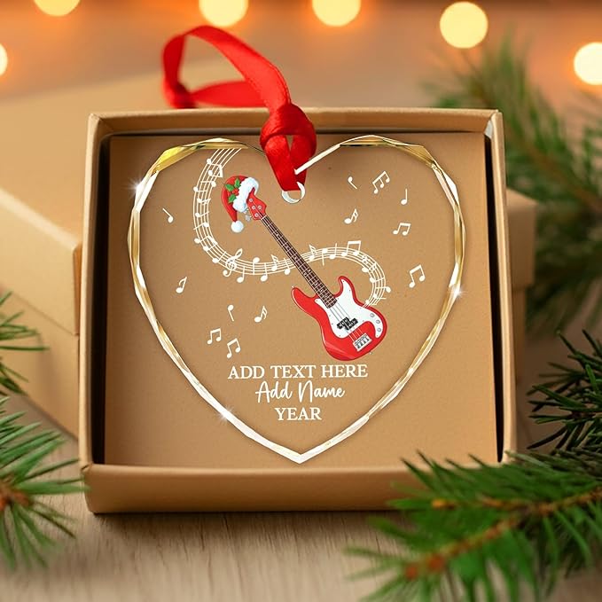 Personalized Bass Guitar Christmas Tree Glass Ornament, Bass Guitar Lovers Christmas Ornaments 2026, Custom Guitarist Xmas Ornament with Text Name & Year, Musical Instrument Players Gifts