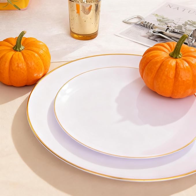 KIRE 60PCS Gold Plastic Plates - Heavy Duty White Disposable Plates with Gold Rim - Include 30Pieces 10.25inch Dinner Plate and 30Pcs 7.5inch Dessert Plate for Wedding/Spring/Graduation/Party