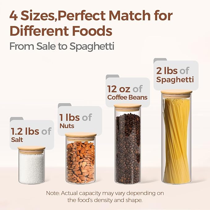ComSaf Glass Storage Jars 6 Pack, Pasta Containers, Pantry Organization
