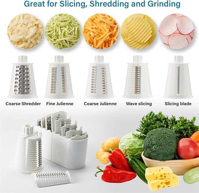 ALEXPHY Rotary Cheese Grater Hand Crank, 5 blades Cheese shredder, Stronger Suction, Easy to Clean for Fruit, Vegetables, Nuts, Black
