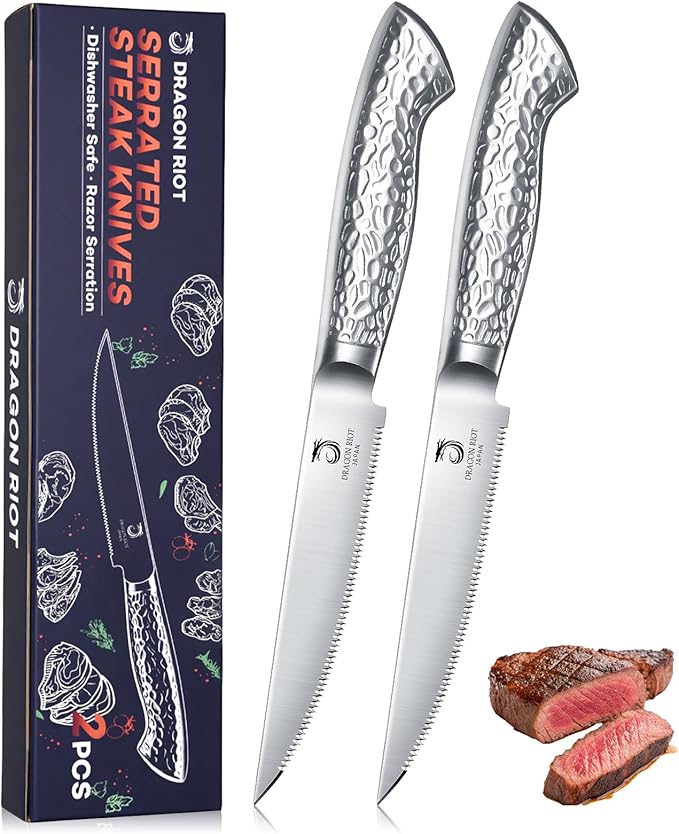 DRAGON RIOT 2-Piece Japanese Stainless Steel Steak Knife Set | Japanese Stainless Steel, Serrated Edge, For Steak and Everyday Table Dining