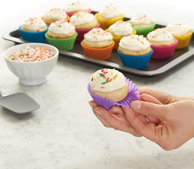 Amazon Basics Reusable Non-Stick Silicone Baking Cups, BPA Free, Muffin Liners, Dishwasher Safe, Microwave and Oven Safe, 2.9 x 2.9 x 1.3 in (LxWxH), Multicolor, 12-Pack