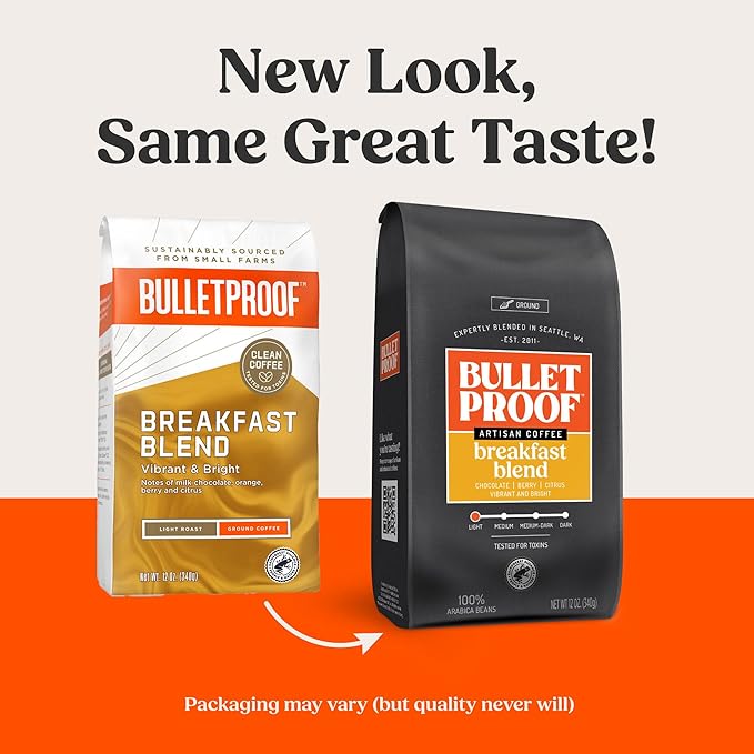 Bulletproof Breakfast Blend Light Roast Ground Coffee, 12 oz – Clean Coffee Tested for Toxins, Smooth Low-Bitter Taste, Notes of Chocolate, Orange & Berry, Keto & Fasting Friendly