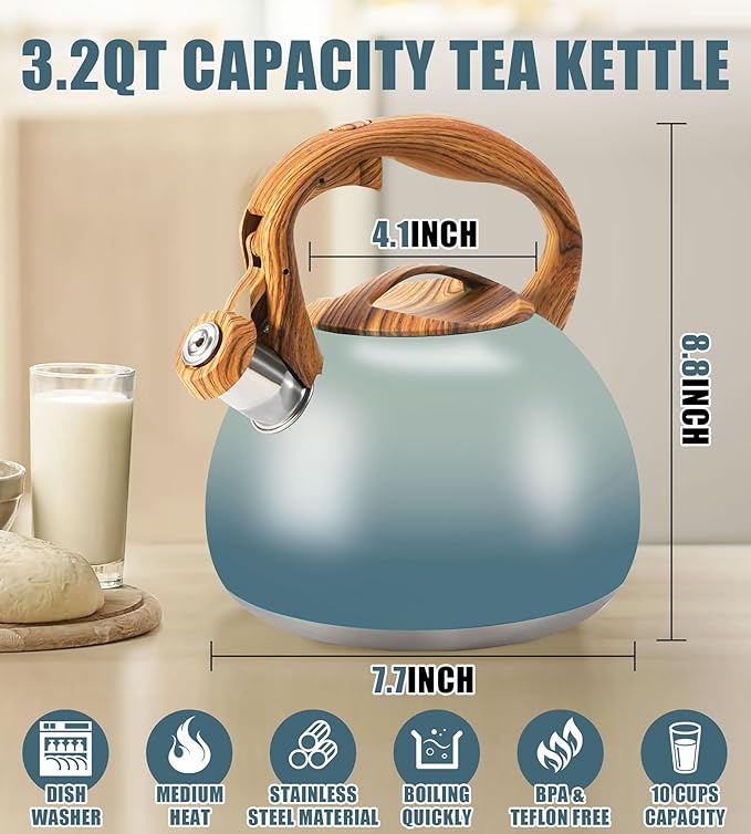 Foedo 3.2Qt Stainless Steel Whistling Tea Kettle Stovetop, Grayish Blue