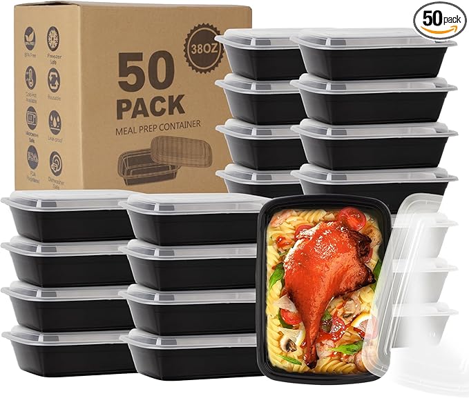 Ezalia 50 Pack- Meal Prep Containers 38oz, Plastic Food Prep Containers Reusable, Leakproof To Go Food Containers with Lids, BPA-Free, Microwave/Dishwasher/Freezer Safe